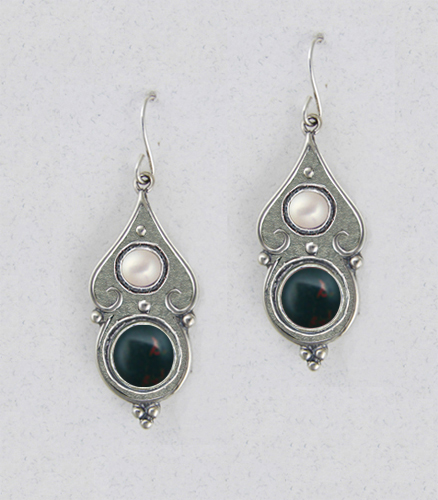 Sterling Silver Gothic Look With Bloodstone And Cultured Freshwater Pearl Gemstone Drop Dangle Earrings